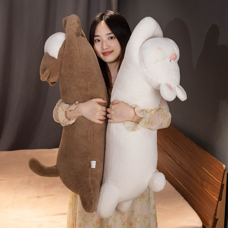 Cute lying animal plush pillow shown as a long body pillow, perfect for hugging and bedtime comfort