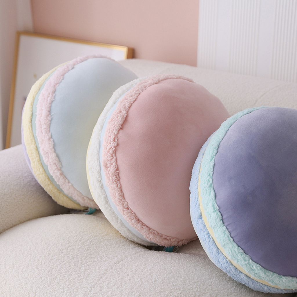 Soft macaron plush pillow with fluffy fabric texture