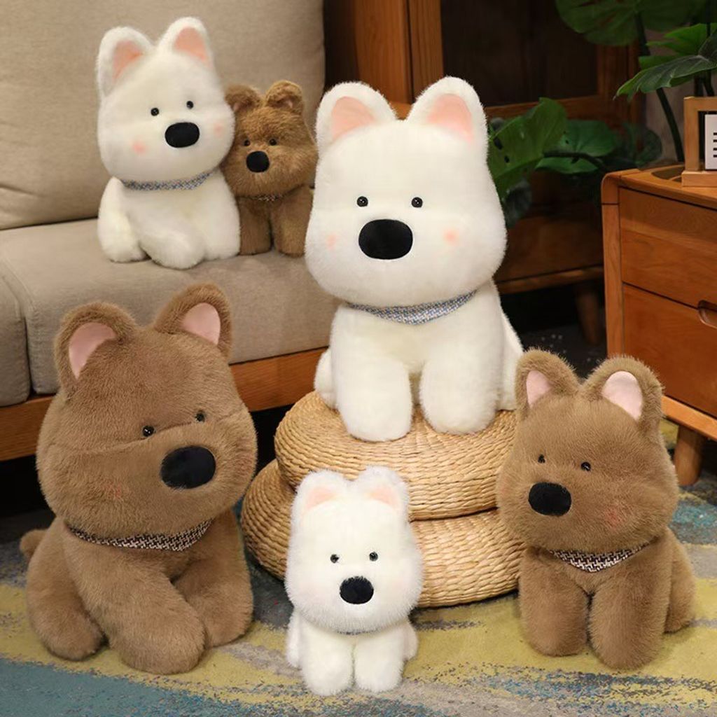Westie dog plush toys displayed in a cozy living room