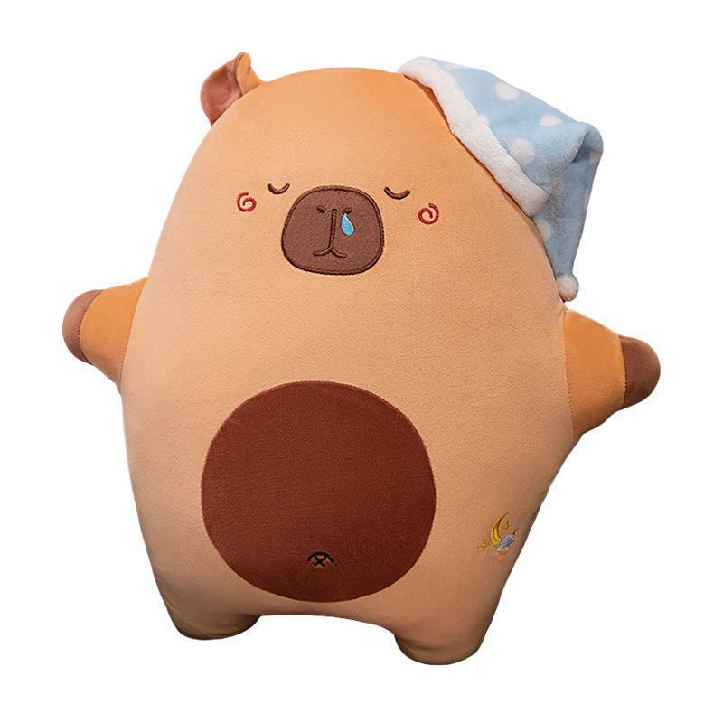 Sweet dreams capybara plush pillow with sleep hat on white background