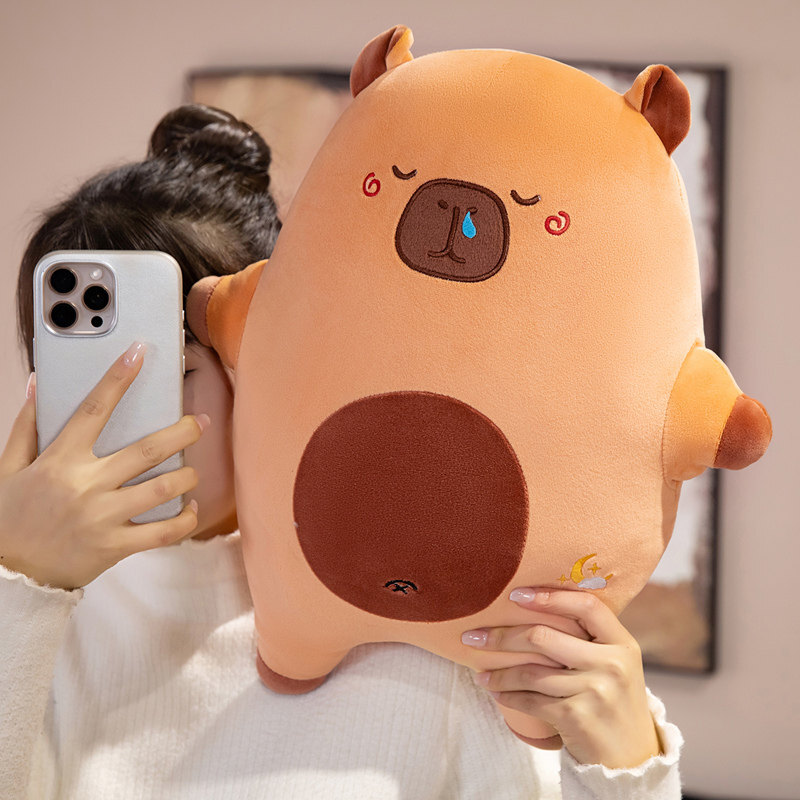 Sweet dreams capybara plush pillow held in arms for size reference
