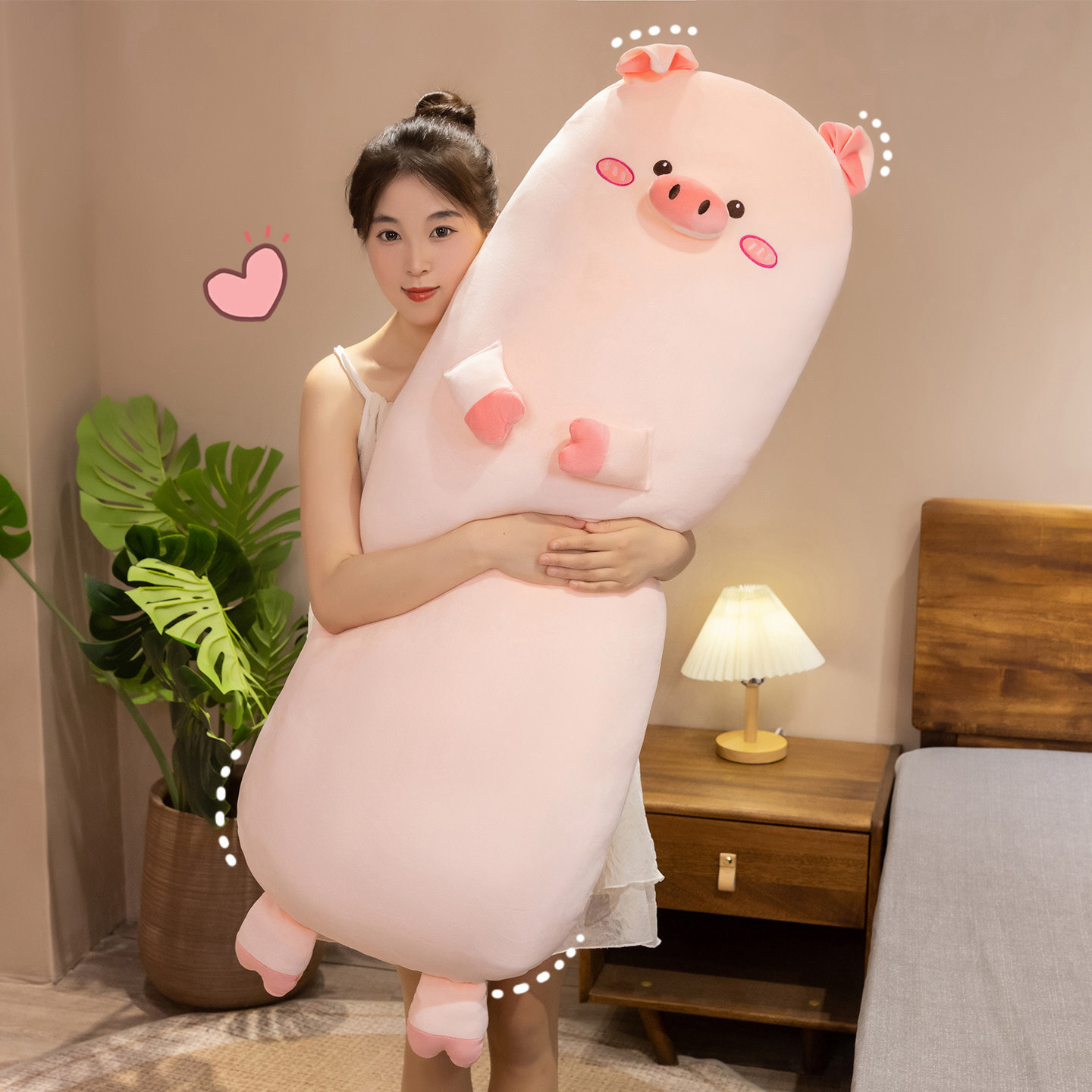 Cute pig long plush pillow for hugging and sleeping