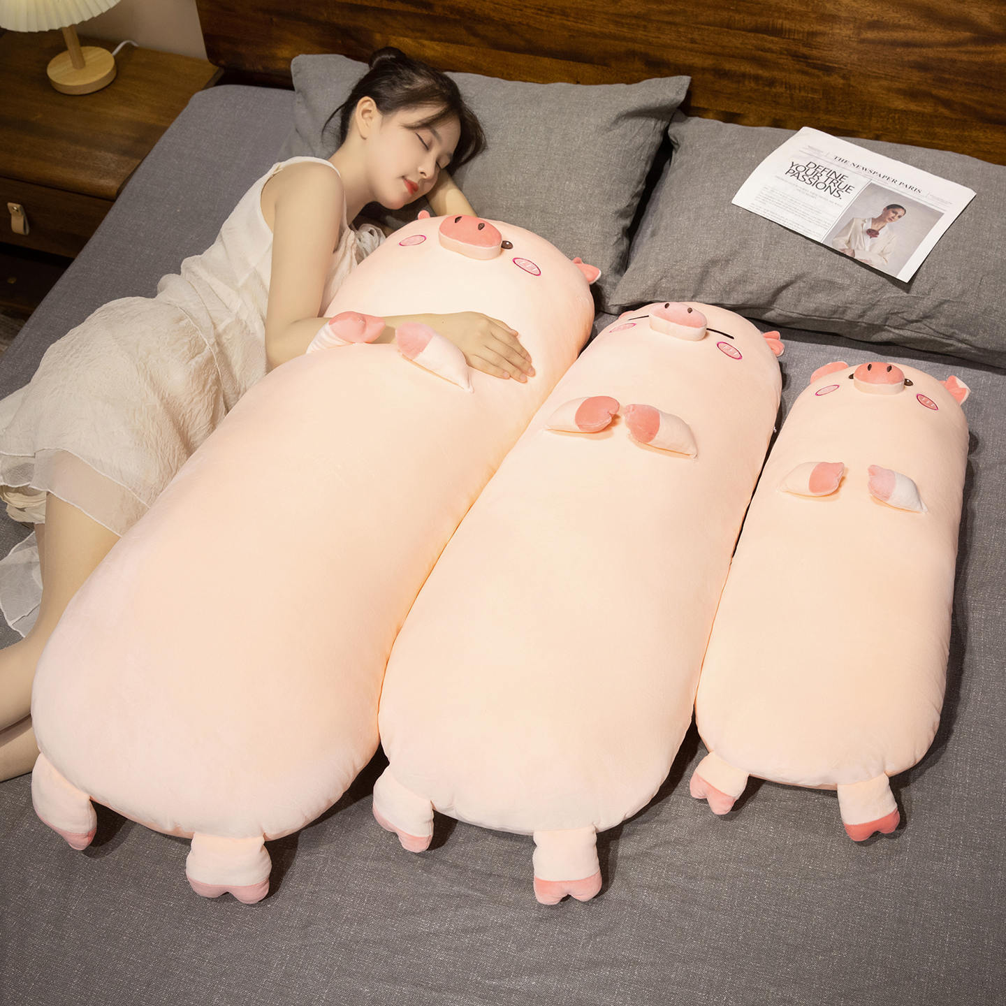 Cute pig long plush pillow size comparison for hugging and sleeping