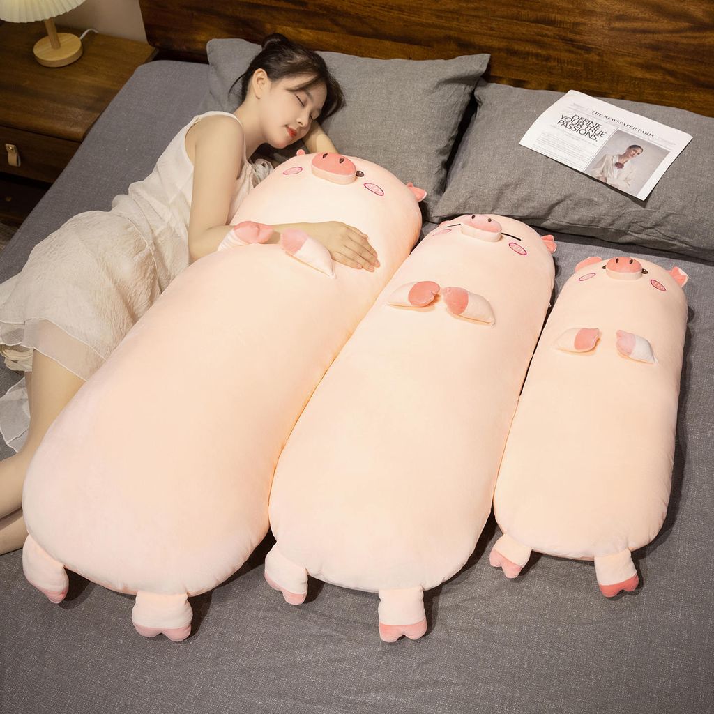 Cute pig long plush pillow size comparison for hugging and sleeping