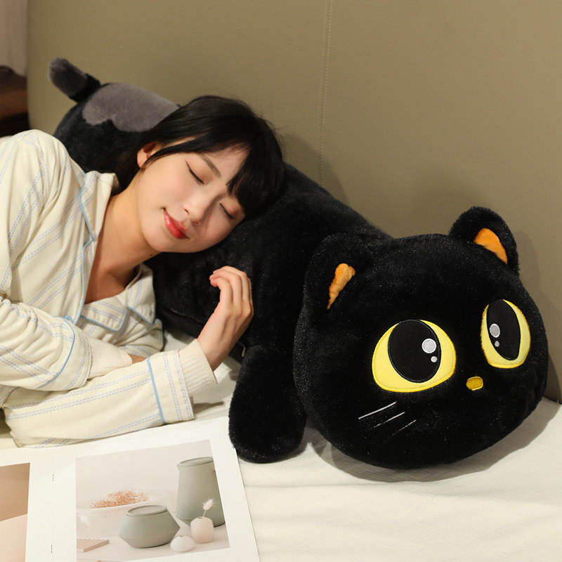 Black cute lying cat long plush pillow for cozy resting on bed