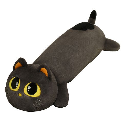 Gray cute lying cat long plush pillow on white background