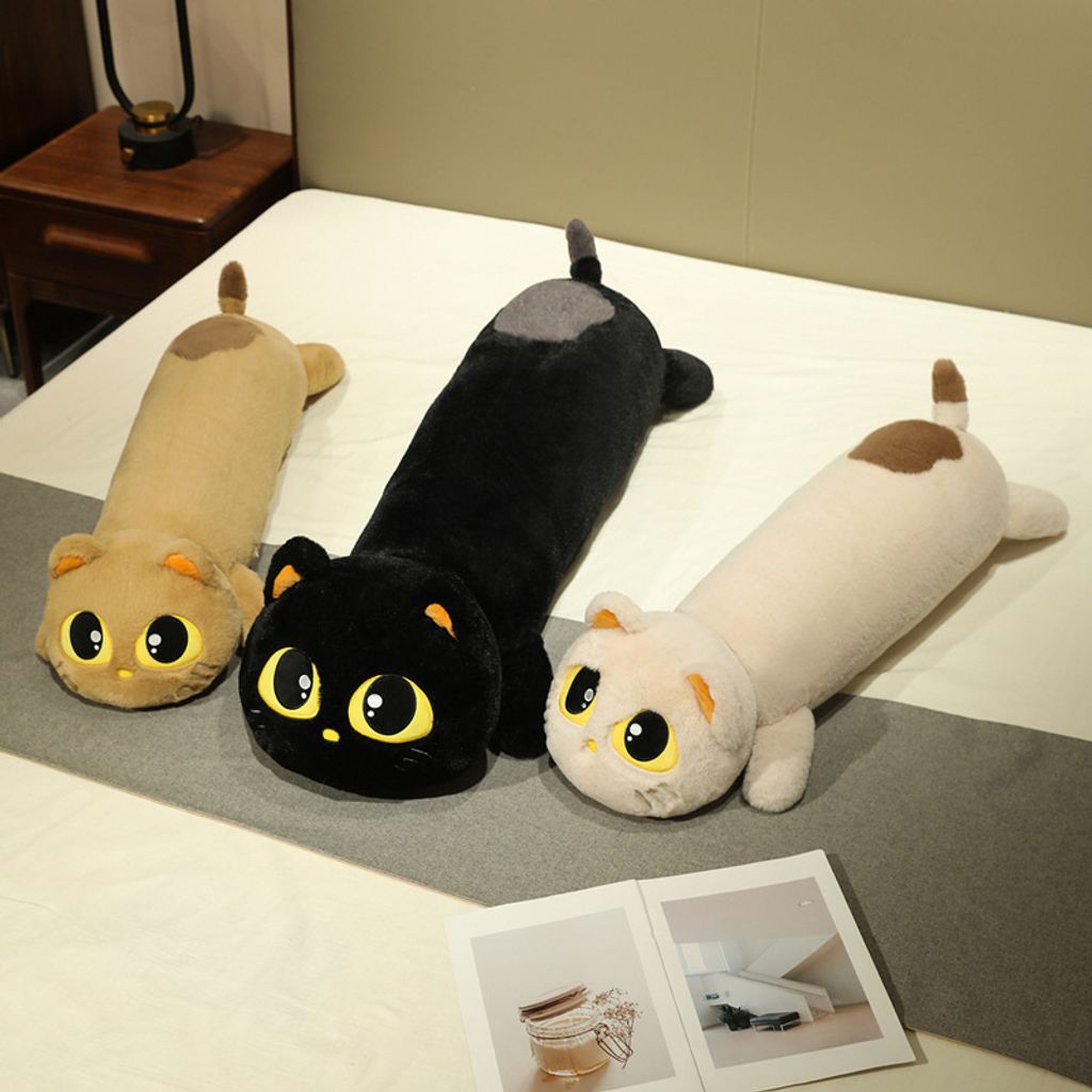 Three cute lying cat long plush pillows in brown, black, and beige
