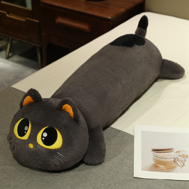 Gray cute lying cat long plush pillow
