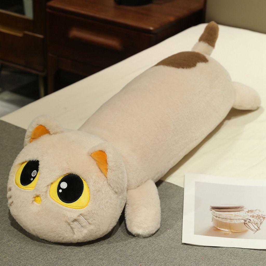 Beige cute lying cat long plush pillow