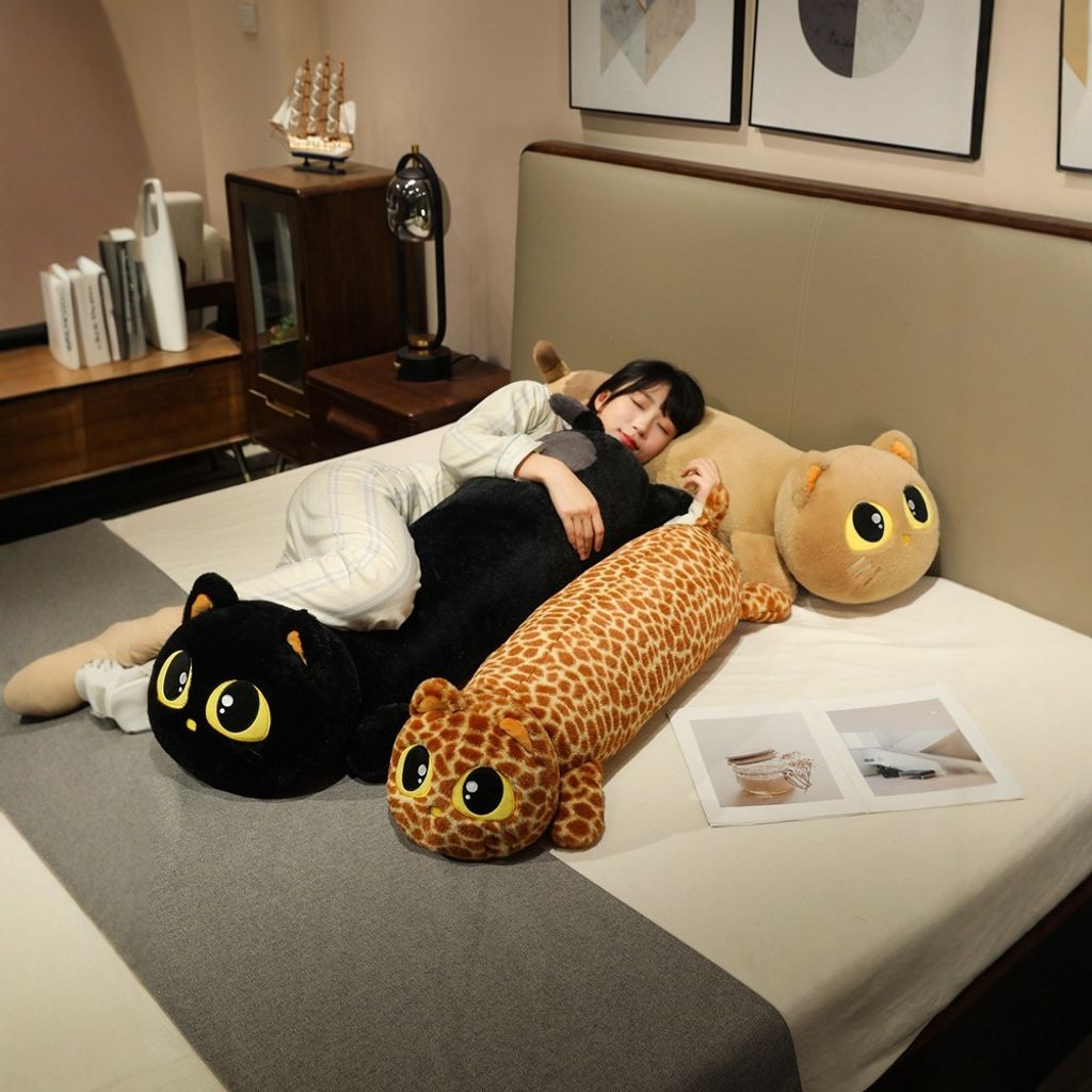 Soft cute lying cat long plush pillows for cozy sleeping on bed