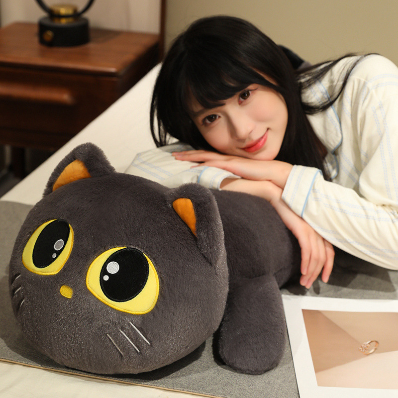 Cute lying cat long plush pillow used for relaxing on bed