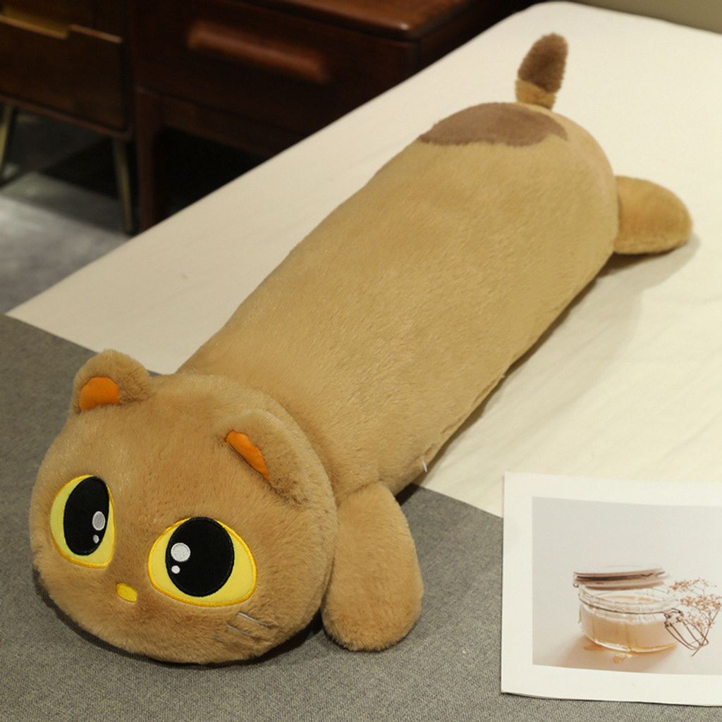 Brown cute lying cat long plush pillow