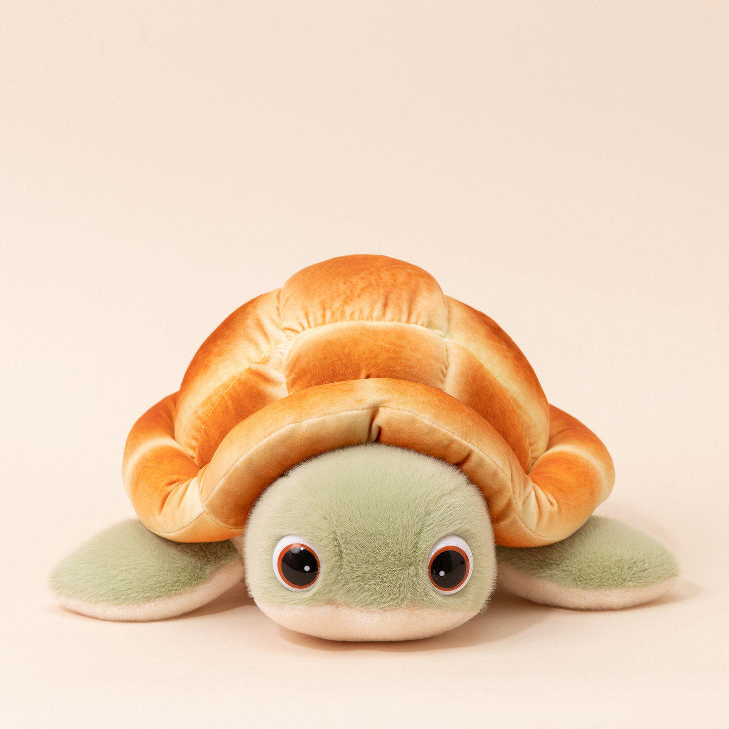 Bread turtle plush toy with soft bread shell and green flippers front view