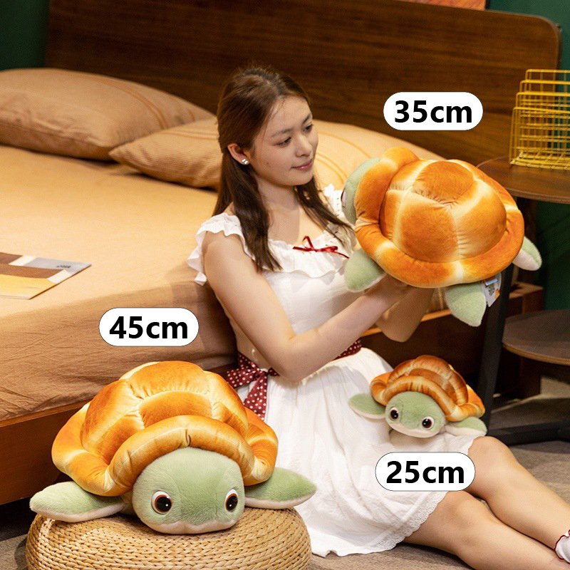 Size comparison of bread turtle plush toys in 25cm 35cm and 45cm