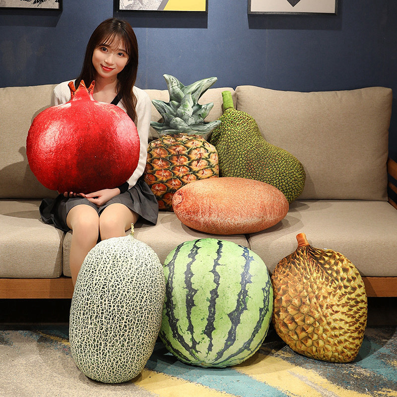 Realistic fruit plush pillows featuring pomegranate, pineapple, jackfruit, cantaloupe, watermelon, and durian