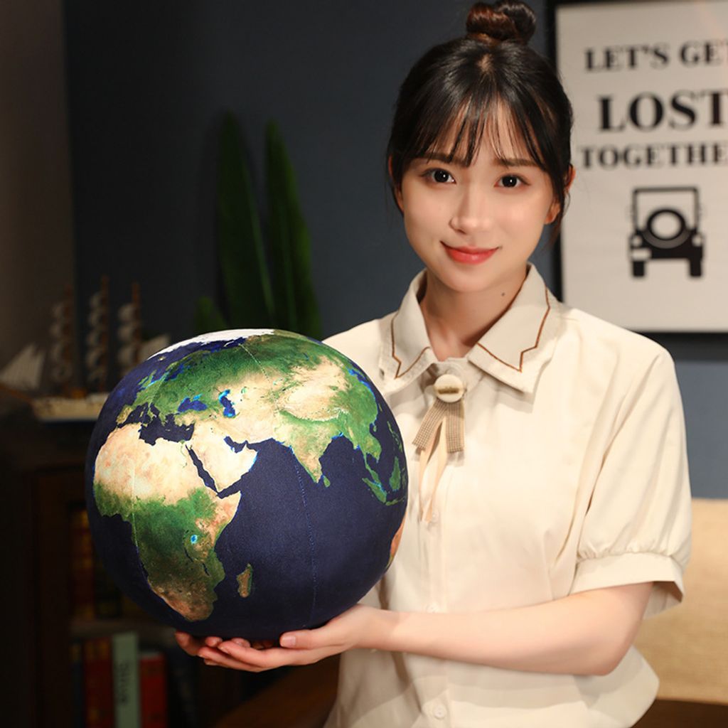 Earth planet plush pillow in realistic globe design, soft round shape, suitable for hugging and home decor