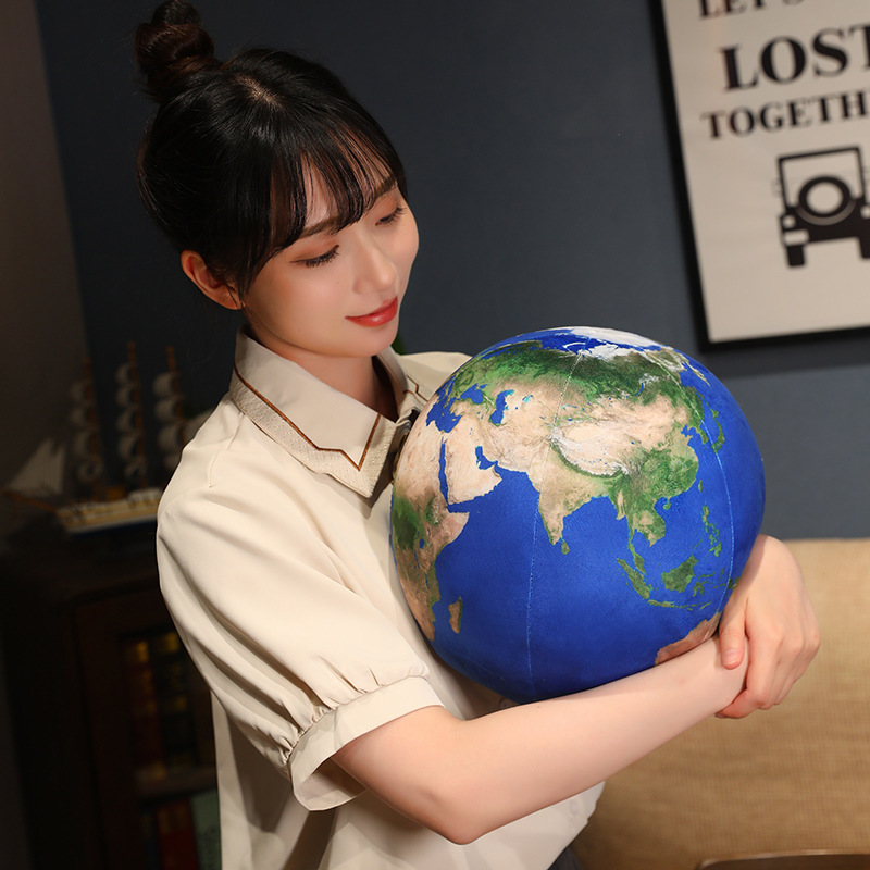 Earth planet plush pillow with detailed world map print, soft plush fabric for hugging and relaxation