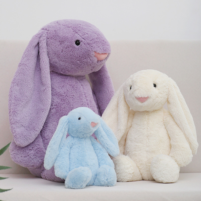 Cute lop ear bunny plush toy in purple, white and blue colors