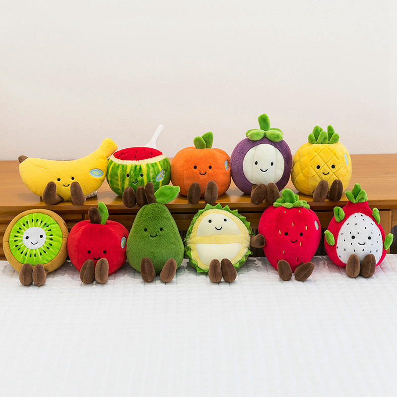 Cute eco fruit plush toys featuring banana, strawberry, kiwi, apple and more