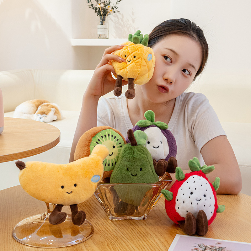 Eco fruit plush toys in basket and glass bowl with banana, apple, kiwi and strawberry designs