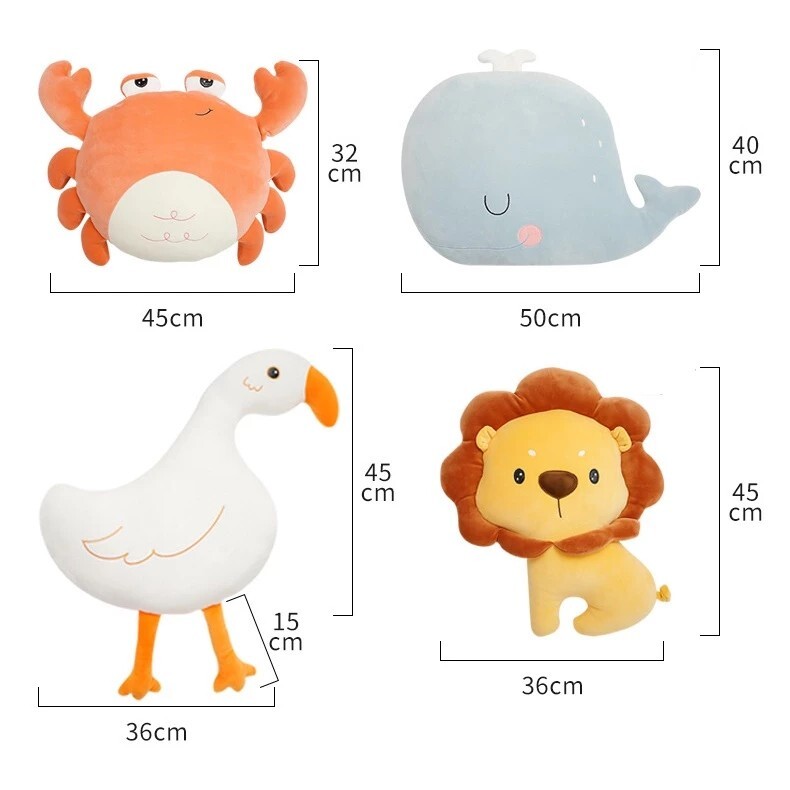 Size guide showing dimensions of crab, whale, goose, and lion plush pillows