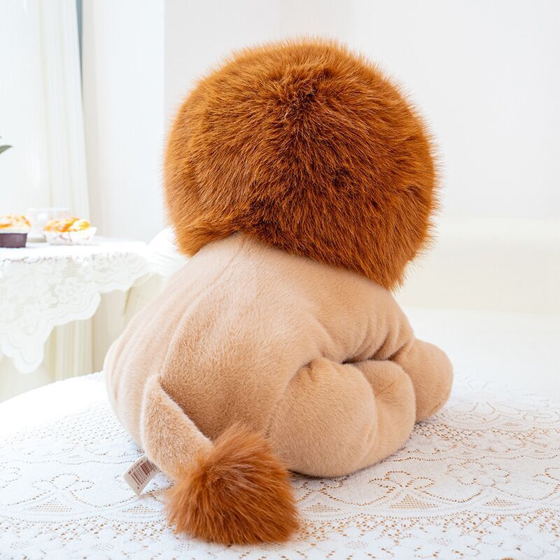 Lion plush toy back view showing fluffy mane and soft tail for cozy home decor