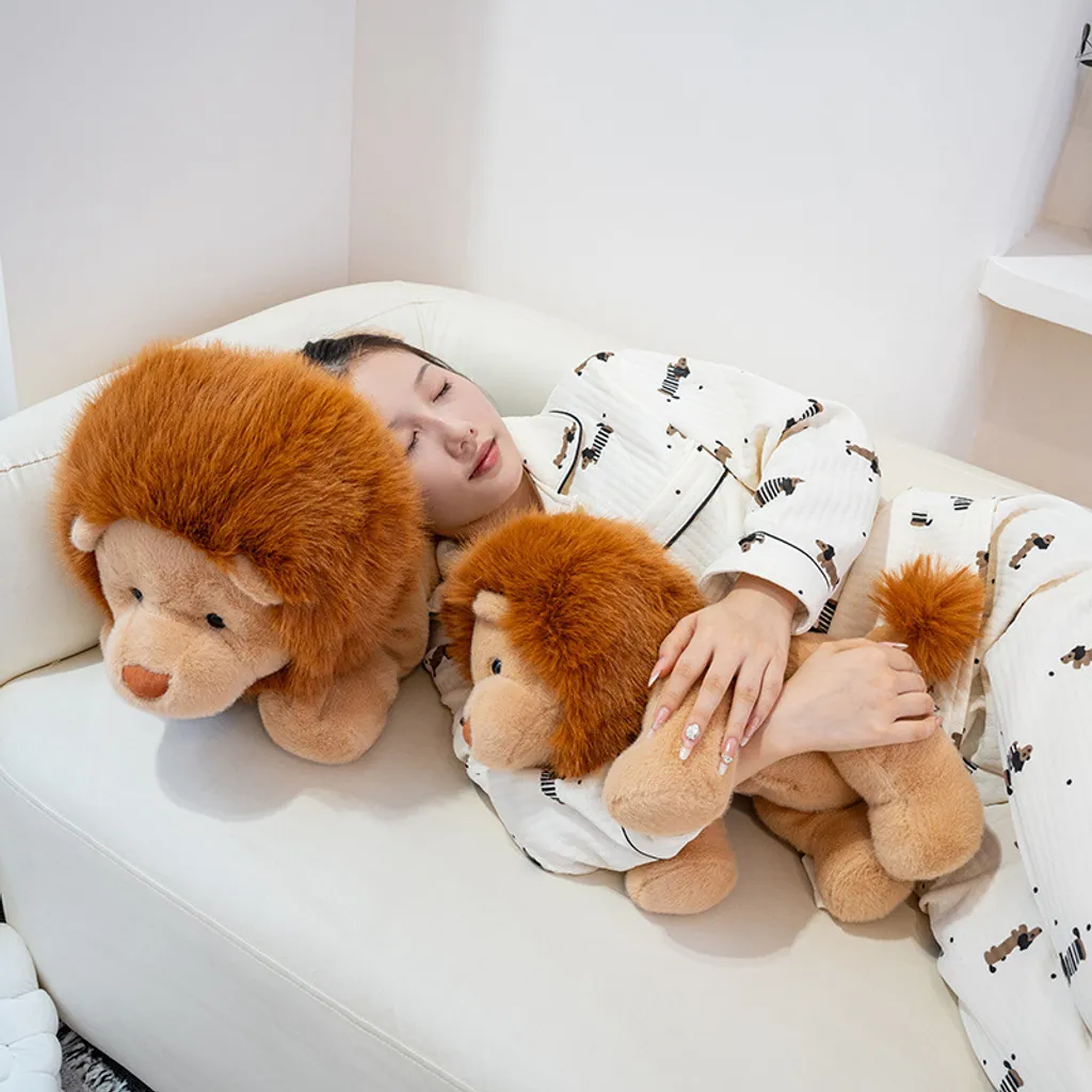 Lion plush toys placed on a sofa, creating a cozy and relaxing atmosphere for lounging and comfort