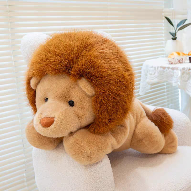Lion plush toy placed on an armchair, highlighting its fluffy mane and relaxed lounging posture