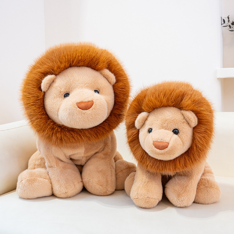 Lion plush toy sitting on sofa in two sizes