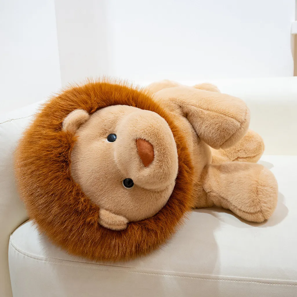 Lion plush toy resting on a sofa, showing its soft texture and cuddly lying design for cozy home decor