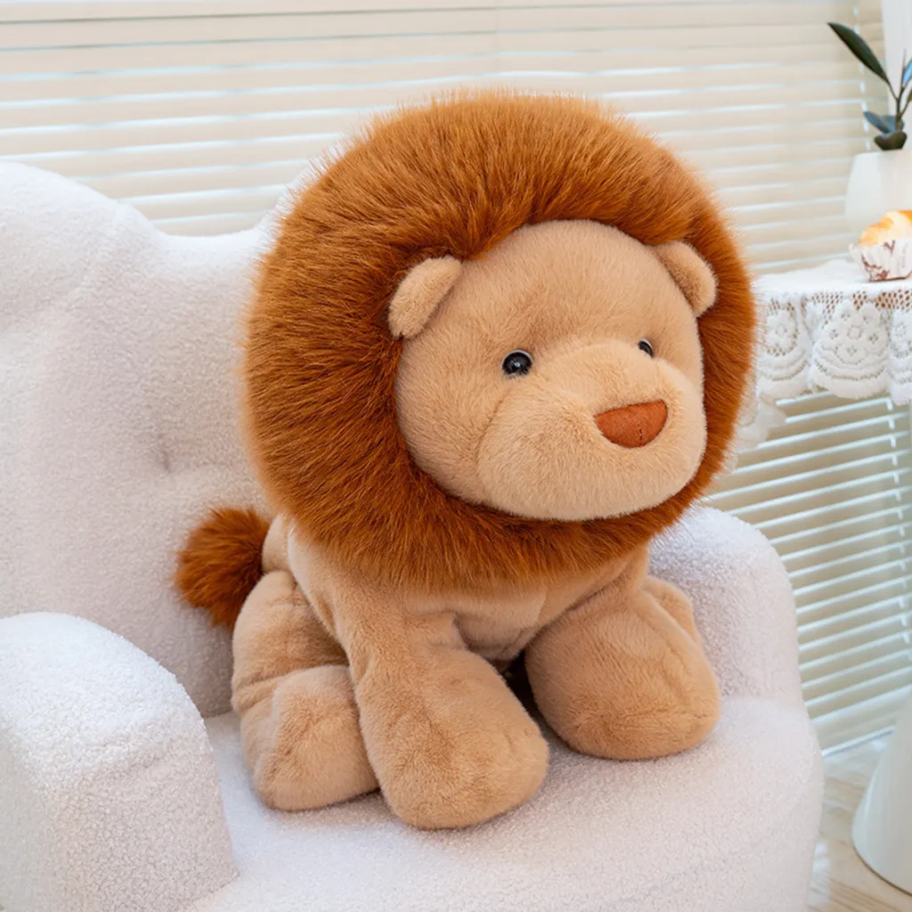 Lion plush toy sitting on a cozy chair, creating a warm and comforting home atmosphere