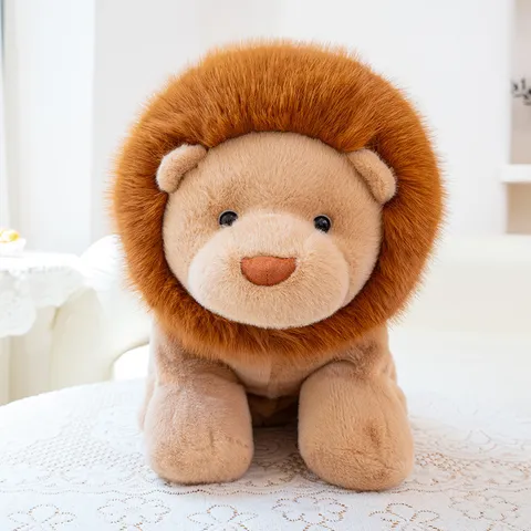 Soft lion plush toy sitting upright with fluffy mane, perfect for hugging and display