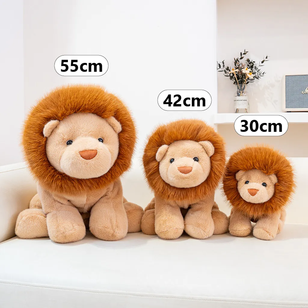 Lion plush toys displayed in three sizes 55cm 42cm and 30cm showing a clear size comparison for easy selection