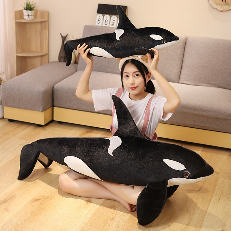 Orca killer whale long plush pillow for hugging and size comparison