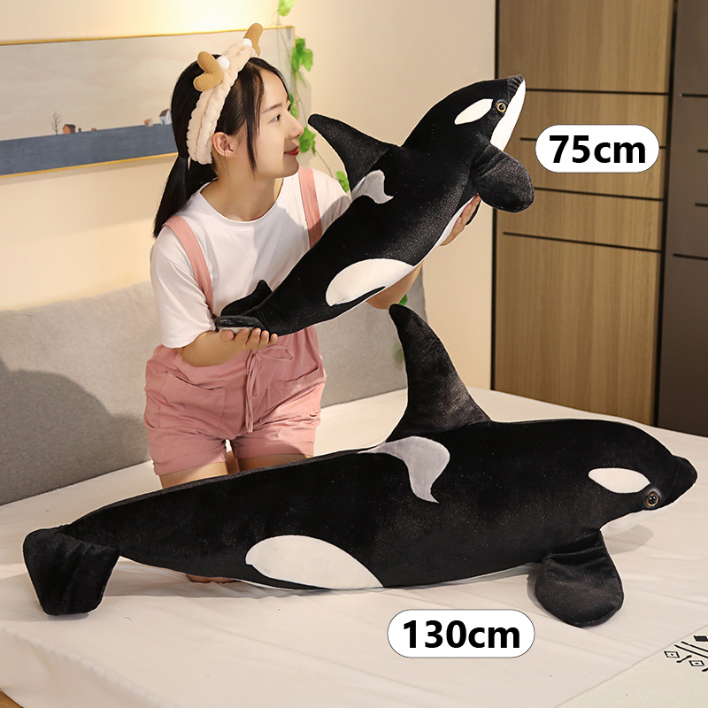 Orca killer whale long plush pillow size comparison showing 75cm and 130cm