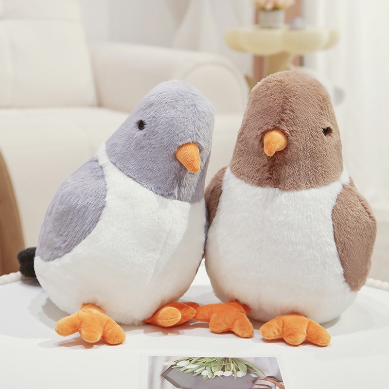 Cute pigeon plush toys in gray and brown colors displayed together for cozy home decor