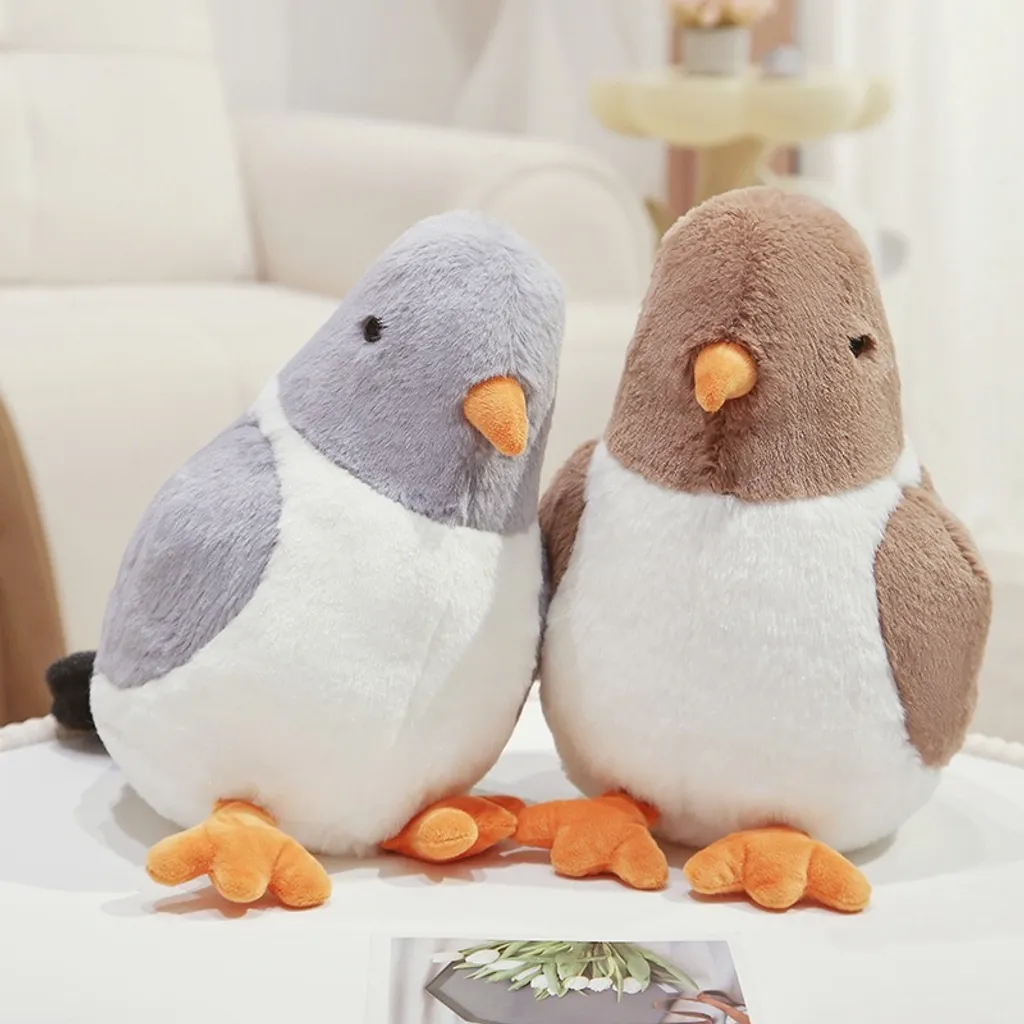 Cute pigeon plush toys in gray and brown colors displayed together for cozy home decor