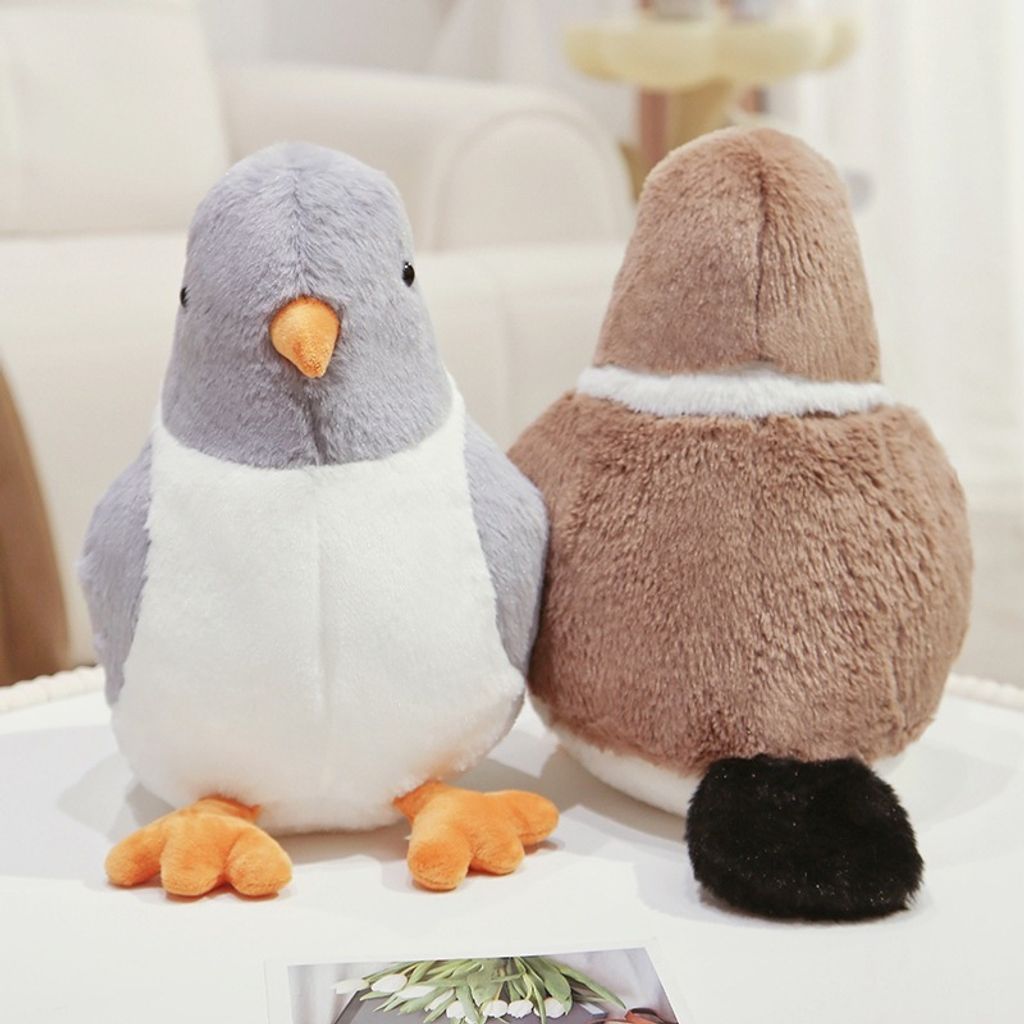 Gray and brown pigeon plush toys showing front and back design for detail reference