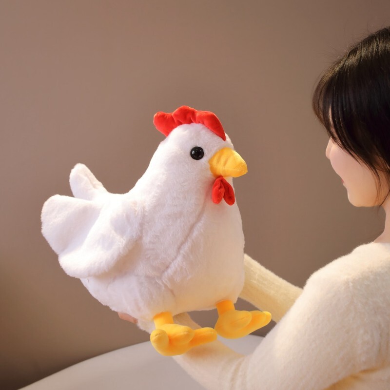White rooster plush toy held up in a cozy setting, soft and chubby stuffed chicken for hugging and home decor