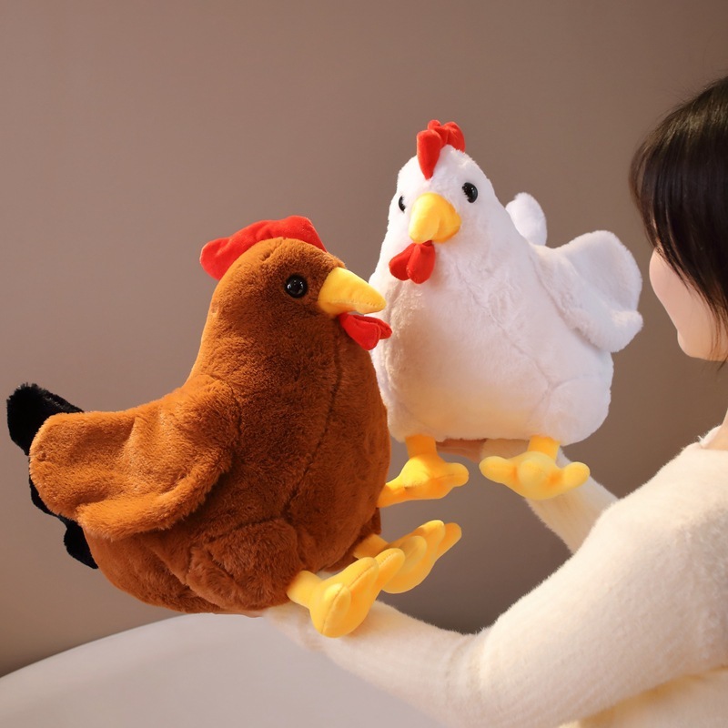 Brown and white rooster plush toys shown together in a cozy scene, soft stuffed chickens for hugging and room decoration