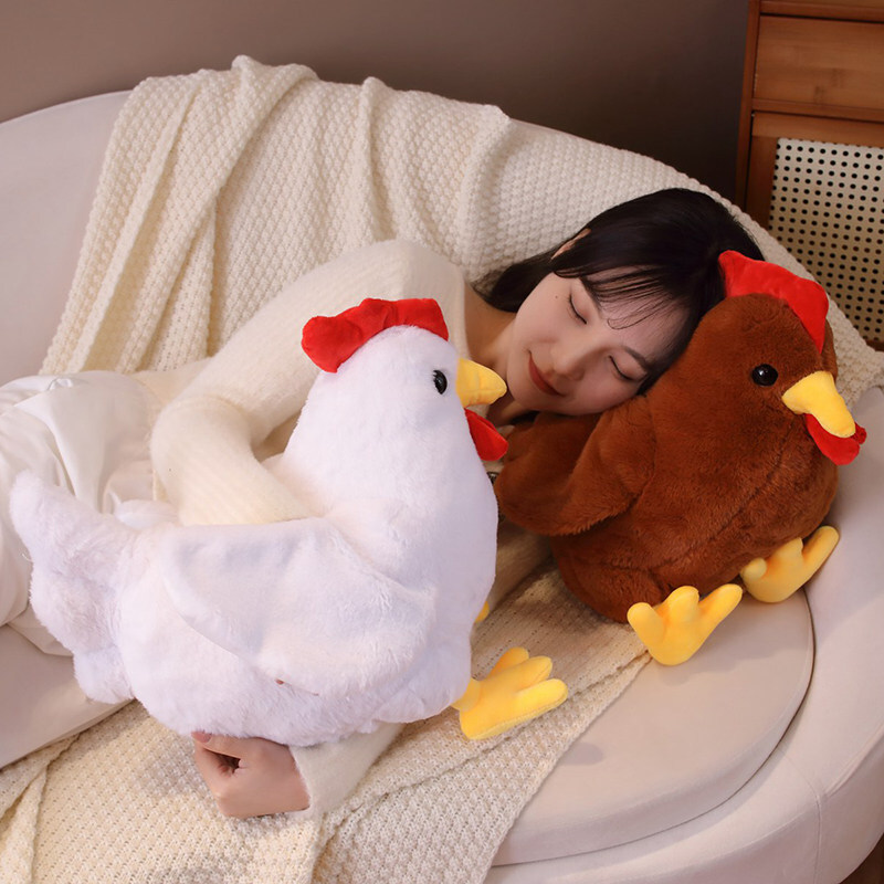 Cute rooster plush toy used as a cozy pillow for relaxing and sleeping on a sofa
