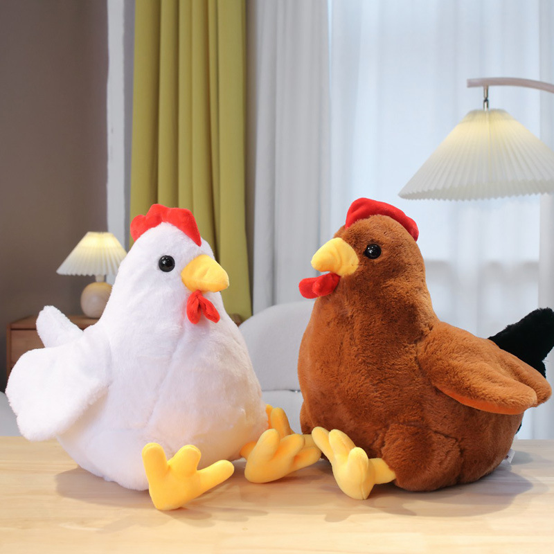 Cute rooster plush toys in white and brown displayed on a table for cozy home decor