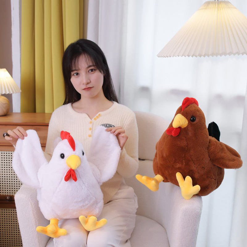 Soft chubby rooster plush toys shown on a chair with warm home decor for comfort and decoration