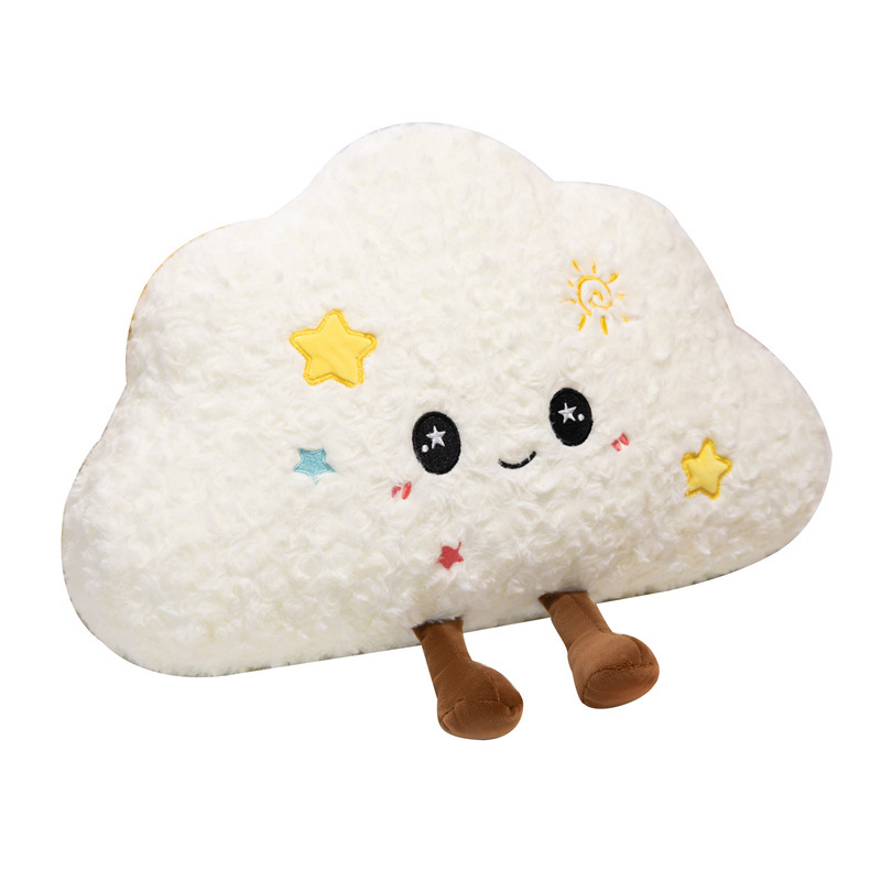 White cloud plush pillow with star and sun embroidery, soft and fluffy design