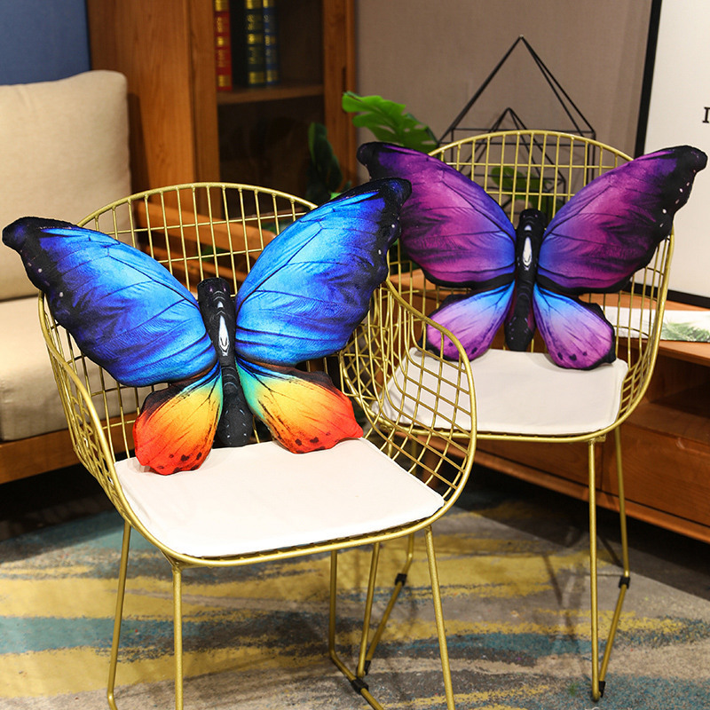 Realistic butterfly plush pillows displayed on modern chairs for cozy home decor and sofa decoration