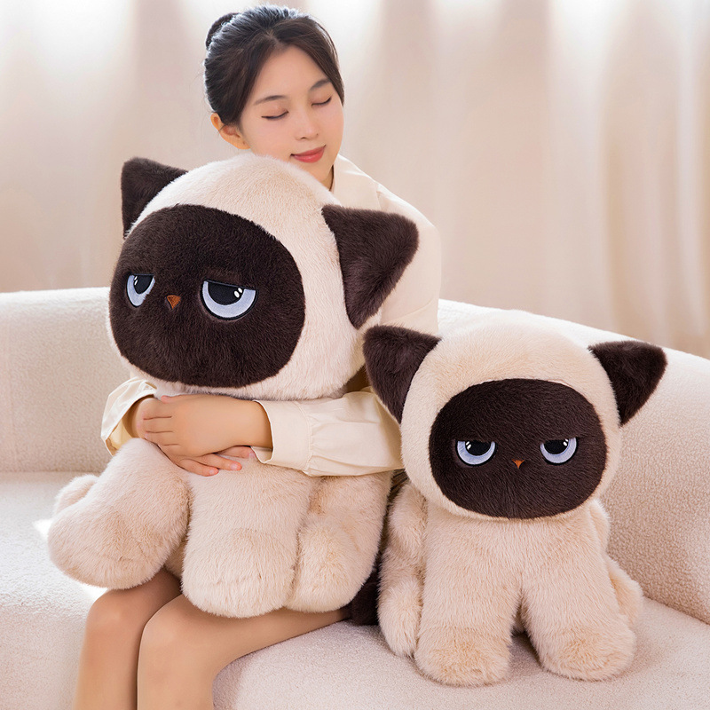 Large and small sitting ragdoll cat plush toys on a sofa for hugging and cozy home decoration