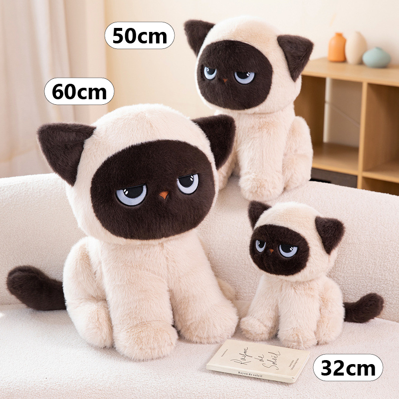 Sitting ragdoll cat plush toy size comparison showing 32cm, 50cm and 60cm options for home decor and hugging comfort