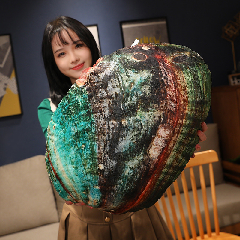 Realistic abalone plush pillow front view with detailed shell texture, soft decorative cushion for sofa and home decor
