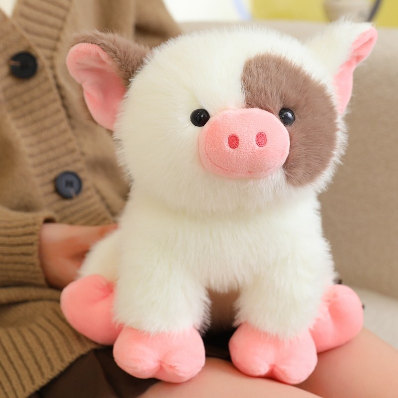 Cute mini pig plush toy in soft white color with pink details, fluffy texture and rounded shape, perfect for cozy home decor and cuddling
