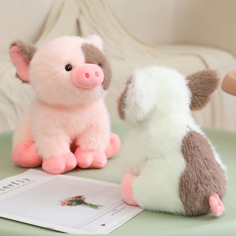 Cute mini pig plush toys displayed together in indoor setting, soft stuffed animal design ideal for decorating sofas, shelves, or creating a cozy and playful atmosphere